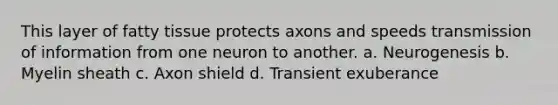 This layer of fatty tissue protects axons and speeds transmission of information from one neuron to another. a. Neurogenesis b. Myelin sheath c. Axon shield d. Transient exuberance