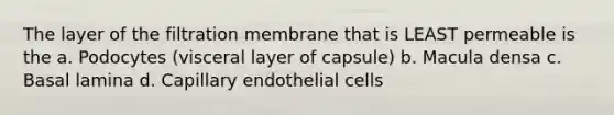 The layer of the filtration membrane that is LEAST permeable is the a. Podocytes (visceral layer of capsule) b. Macula densa c. Basal lamina d. Capillary endothelial cells