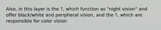 Also, in this layer is the ?, which function as "night vision" and offer black/white and peripheral vision, and the ?, which are responsible for color vision