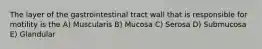 The layer of the gastrointestinal tract wall that is responsible for motility is the A) Muscularis B) Mucosa C) Serosa D) Submucosa E) Glandular