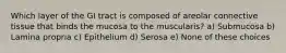 Which layer of the GI tract is composed of areolar connective tissue that binds the mucosa to the muscularis? a) Submucosa b) Lamina propria c) Epithelium d) Serosa e) None of these choices