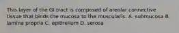 This layer of the GI tract is composed of areolar connective tissue that binds the mucosa to the muscularis. A. submucosa B. lamina propria C. epithelium D. serosa