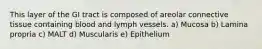 This layer of the GI tract is composed of areolar connective tissue containing blood and lymph vessels. a) Mucosa b) Lamina propria c) MALT d) Muscularis e) Epithelium