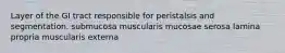 Layer of the GI tract responsible for peristalsis and segmentation. submucosa muscularis mucosae serosa lamina propria muscularis externa