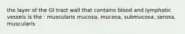 the layer of the GI tract wall that contains blood and lymphatic vessels is the : muscularis mucosa, mucosa, submucosa, serosa, muscularis