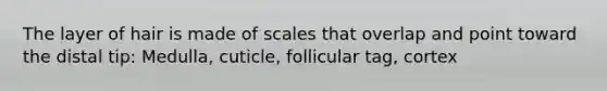 The layer of hair is made of scales that overlap and point toward the distal tip: Medulla, cuticle, follicular tag, cortex