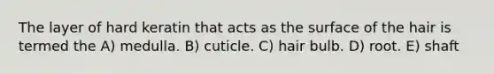 The layer of hard keratin that acts as the surface of the hair is termed the A) medulla. B) cuticle. C) hair bulb. D) root. E) shaft