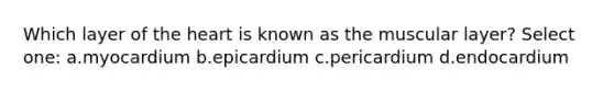 Which layer of the heart is known as the muscular layer? Select one: a.myocardium b.epicardium c.pericardium d.endocardium