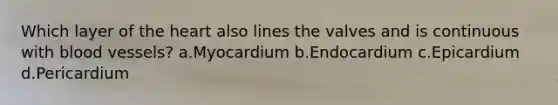 Which layer of the heart also lines the valves and is continuous with blood vessels? a.Myocardium b.Endocardium c.Epicardium d.Pericardium