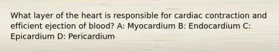 What layer of the heart is responsible for cardiac contraction and efficient ejection of blood? A: Myocardium B: Endocardium C: Epicardium D: Pericardium