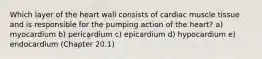 Which layer of the heart wall consists of cardiac muscle tissue and is responsible for the pumping action of the heart? a) myocardium b) pericardium c) epicardium d) hypocardium e) endocardium (Chapter 20.1)