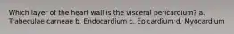 Which layer of the heart wall is the visceral pericardium? a. Trabeculae carneae b. Endocardium c. Epicardium d. Myocardium