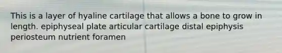 This is a layer of hyaline cartilage that allows a bone to grow in length. epiphyseal plate articular cartilage distal epiphysis periosteum nutrient foramen