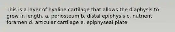 This is a layer of hyaline cartilage that allows the diaphysis to grow in length. a. periosteum b. distal epiphysis c. nutrient foramen d. articular cartilage e. epiphyseal plate