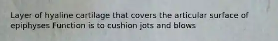 Layer of hyaline cartilage that covers the articular surface of epiphyses Function is to cushion jots and blows