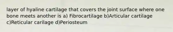 layer of hyaline cartilage that covers the joint surface where one bone meets another is a) Fibrocartilage b)Articular cartilage c)Reticular carilage d)Periosteum