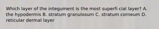 Which layer of the integument is the most superfi cial layer? A. the hypodermis B. stratum granulosum C. stratum corneum D. reticular dermal layer