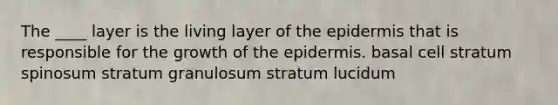 The ____ layer is the living layer of the epidermis that is responsible for the growth of the epidermis. basal cell stratum spinosum stratum granulosum stratum lucidum