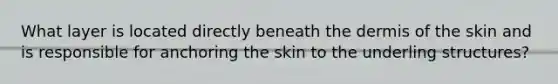 What layer is located directly beneath <a href='https://www.questionai.com/knowledge/kEsXbG6AwS-the-dermis' class='anchor-knowledge'>the dermis</a> of the skin and is responsible for anchoring the skin to the underling structures?