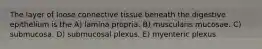 The layer of loose connective tissue beneath the digestive epithelium is the A) lamina propria. B) muscularis mucosae. C) submucosa. D) submucosal plexus. E) myenteric plexus