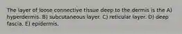 The layer of loose connective tissue deep to the dermis is the A) hyperdermis. B) subcutaneous layer. C) reticular layer. D) deep fascia. E) epidermis.