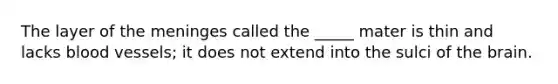The layer of the meninges called the _____ mater is thin and lacks blood vessels; it does not extend into the sulci of the brain.