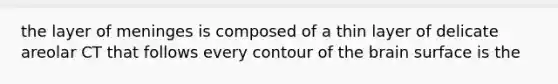 the layer of meninges is composed of a thin layer of delicate areolar CT that follows every contour of <a href='https://www.questionai.com/knowledge/kLMtJeqKp6-the-brain' class='anchor-knowledge'>the brain</a> surface is the