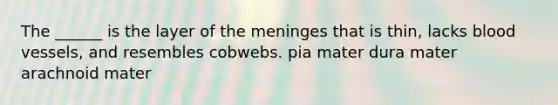 The ______ is the layer of the meninges that is thin, lacks blood vessels, and resembles cobwebs. pia mater dura mater arachnoid mater