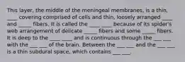 This layer, the middle of the meningeal membranes, is a thin, ____ covering comprised of cells and thin, loosely arranged ____ and _____ fibers. It is called the ____ ____ because of its spider's web arrangement of delicate _____ fibers and some _____ fibers. It is deep to the ____ ____ and is continuous through the ___ ___ with the ___ ___ of the brain. Between the ___ ___ and the ___ ___ is a thin subdural space, which contains ___ ___.