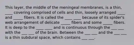 This layer, the middle of the meningeal membranes, is a thin, ____ covering comprised of cells and thin, loosely arranged ____ and _____ fibers. It is called the ____ ____ because of its spider's web arrangement of delicate _____ fibers and some _____ fibers. It is deep to the ____ ____ and is continuous through the ___ ___ with the ___ ___ of the brain. Between the ___ ___ and the ___ ___ is a thin subdural space, which contains ___ ___.