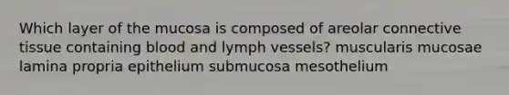 Which layer of the mucosa is composed of areolar connective tissue containing blood and lymph vessels? muscularis mucosae lamina propria epithelium submucosa mesothelium