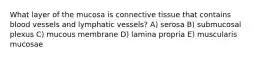 What layer of the mucosa is connective tissue that contains blood vessels and lymphatic vessels? A) serosa B) submucosal plexus C) mucous membrane D) lamina propria E) muscularis mucosae