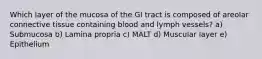 Which layer of the mucosa of the GI tract is composed of areolar connective tissue containing blood and lymph vessels? a) Submucosa b) Lamina propria c) MALT d) Muscular layer e) Epithelium
