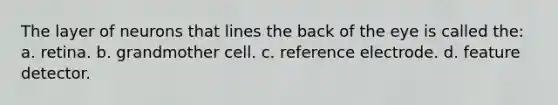 The layer of neurons that lines the back of the eye is called the: a. retina. b. grandmother cell. c. reference electrode. d. feature detector.