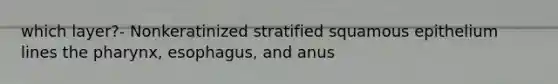 which layer?- Nonkeratinized stratified squamous epithelium lines <a href='https://www.questionai.com/knowledge/ktW97n6hGJ-the-pharynx' class='anchor-knowledge'>the pharynx</a>, esophagus, and anus
