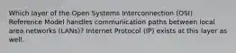 Which layer of the Open Systems Interconnection (OSI) Reference Model handles communication paths between local area networks (LANs)? Internet Protocol (IP) exists at this layer as well.