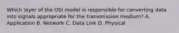 Which layer of the OSI model is responsible for converting data into signals appropriate for the transmission medium? A. Application B. Network C. Data Link D. Physical