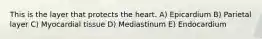 This is the layer that protects the heart. A) Epicardium B) Parietal layer C) Myocardial tissue D) Mediastinum E) Endocardium