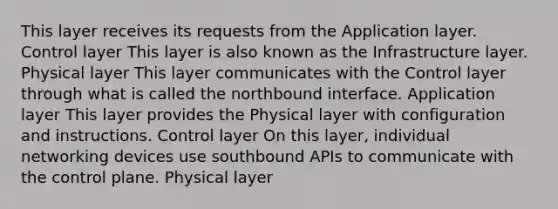 This layer receives its requests from the Application layer. Control layer This layer is also known as the Infrastructure layer. Physical layer This layer communicates with the Control layer through what is called the northbound interface. Application layer This layer provides the Physical layer with configuration and instructions. Control layer On this layer, individual networking devices use southbound APIs to communicate with the control plane. Physical layer