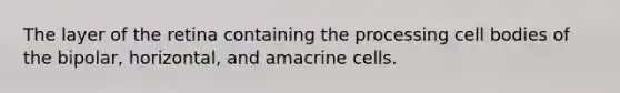 The layer of the retina containing the processing cell bodies of the bipolar, horizontal, and amacrine cells.