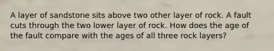 A layer of sandstone sits above two other layer of rock. A fault cuts through the two lower layer of rock. How does the age of the fault compare with the ages of all three rock layers?