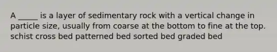 A _____ is a layer of sedimentary rock with a vertical change in particle size, usually from coarse at the bottom to fine at the top. schist cross bed patterned bed sorted bed graded bed