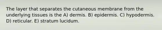 The layer that separates the cutaneous membrane from the underlying tissues is the A) dermis. B) epidermis. C) hypodermis. D) reticular. E) stratum lucidum.