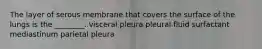 The layer of serous membrane that covers the surface of the lungs is the ________. visceral pleura pleural fluid surfactant mediastinum parietal pleura