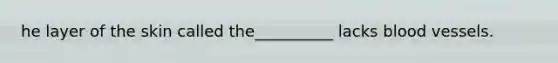 he layer of the skin called the__________ lacks <a href='https://www.questionai.com/knowledge/kZJ3mNKN7P-blood-vessels' class='anchor-knowledge'>blood vessels</a>.