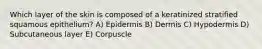 Which layer of the skin is composed of a keratinized stratified squamous epithelium? A) Epidermis B) Dermis C) Hypodermis D) Subcutaneous layer E) Corpuscle