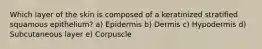 Which layer of the skin is composed of a keratinized stratified squamous epithelium? a) Epidermis b) Dermis c) Hypodermis d) Subcutaneous layer e) Corpuscle
