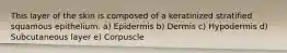 This layer of the skin is composed of a keratinized stratified squamous epithelium. a) Epidermis b) Dermis c) Hypodermis d) Subcutaneous layer e) Corpuscle