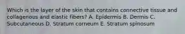 Which is the layer of the skin that contains connective tissue and collagenous and elastic fibers? A. Epidermis B. Dermis C. Subcutaneous D. Stratum corneum E. Stratum spinosum