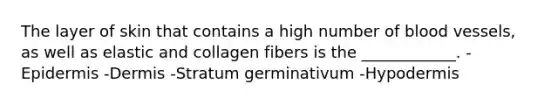 The layer of skin that contains a high number of blood vessels, as well as elastic and collagen fibers is the ____________. -Epidermis -Dermis -Stratum germinativum -Hypodermis